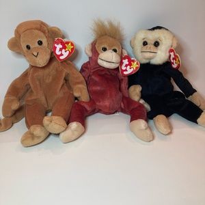 TY Beanie Babies Monkey Lot - Sweetheart, Mooch, Bongo